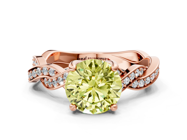 Rose gold Fancy Yellow Round  Cut Twisted Pavé Band Solitaire Ring with Four-Prong Setting