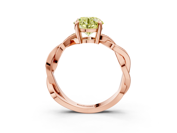 Rose gold Fancy Yellow Round  Cut Twisted Pavé Band Solitaire Ring with Four-Prong Setting