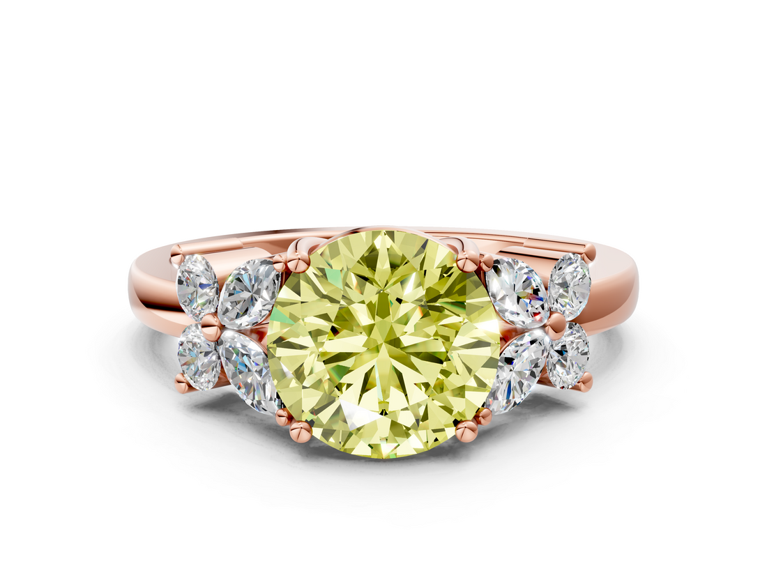 Rose gold Fancy Yellow Round  Diamond Floral Cluster Ring with Solitaire Band and Prong Setting