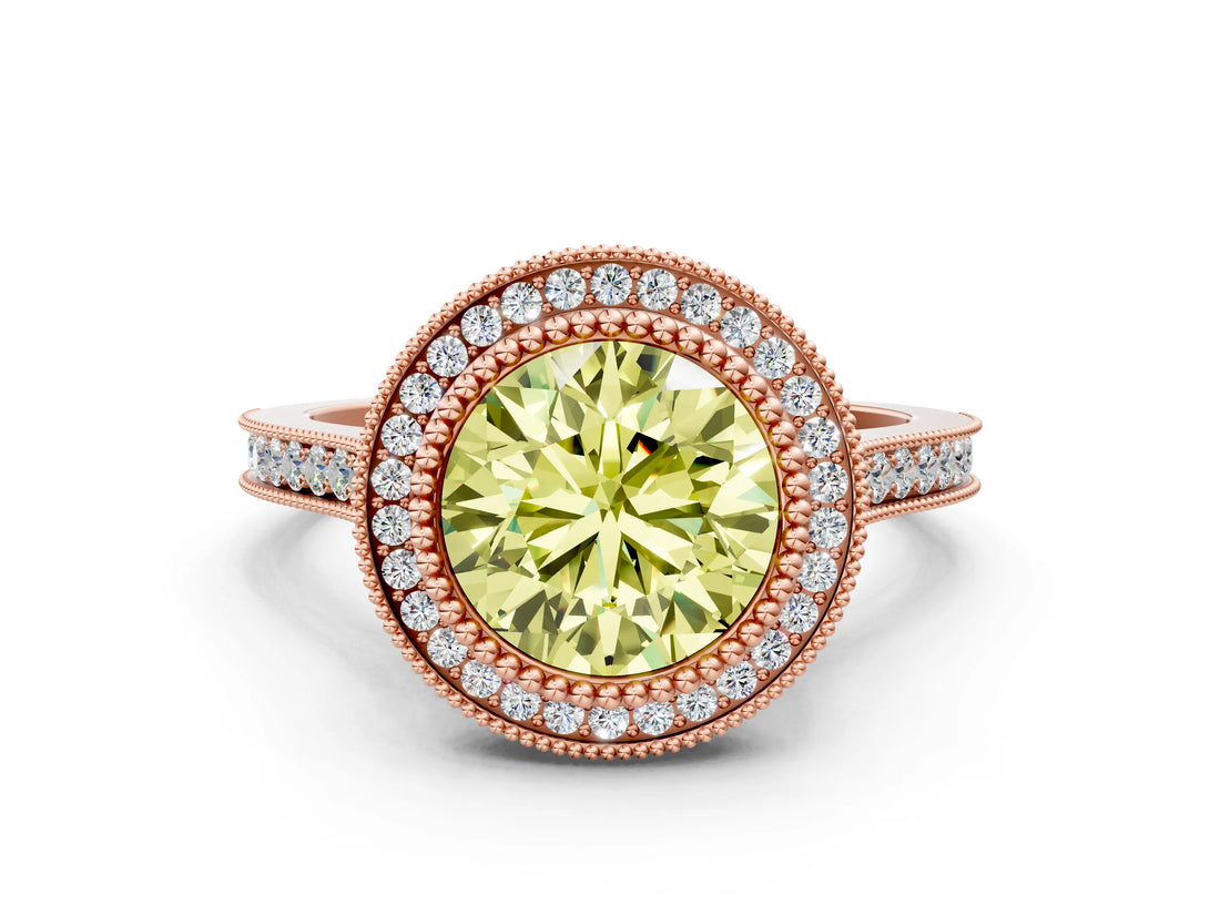 Rose gold Fancy Yellow Round  Diamond Halo Ring with Milgrain Frame and Pavé Band