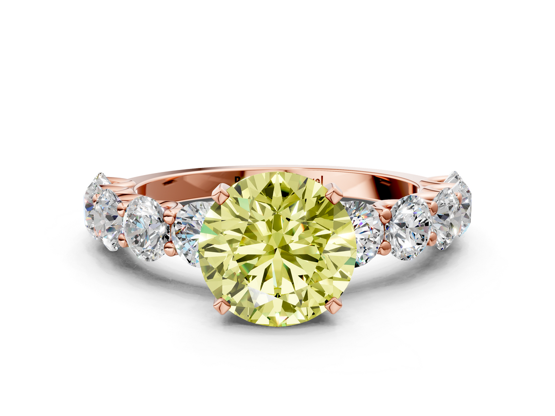 Rose gold Fancy Yellow Round  Diamond Prong Setting with Side Stones on a Pave Band