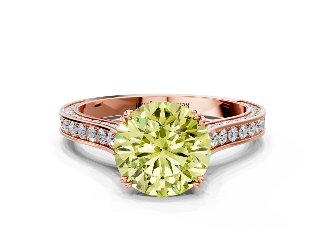 Rose gold Fancy Yellow Round  Diamond Solitaire with Pave Band and Six-Prong Setting