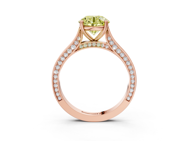 Rose gold Fancy Yellow Round  Diamond Solitaire with Pave Band and Six-Prong Setting