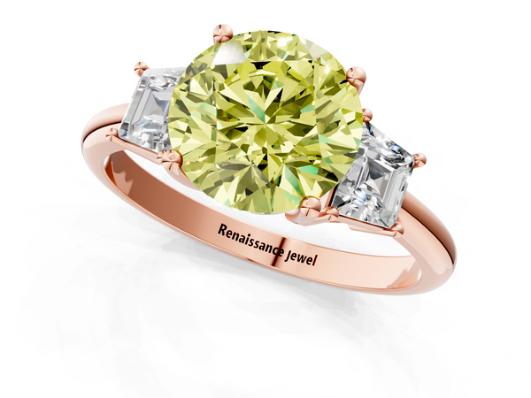 Rose gold Fancy Yellow Round  Diamond Three-Stone Ring with Trapezoid Side Stones and Prong Setting