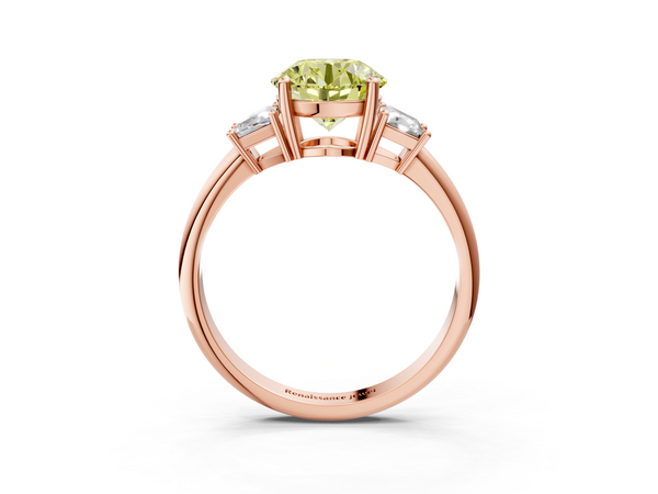 Rose gold Fancy Yellow Round  Diamond Three-Stone Ring with Trapezoid Side Stones and Prong Setting