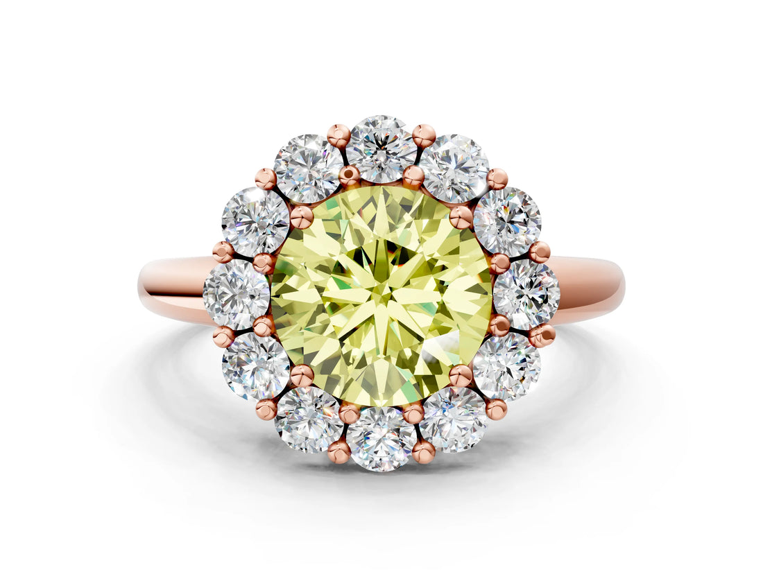 Rose gold Fancy Yellow Round  Halo Cluster Diamond Engagement Ring with Prong Setting and Polished Band_20