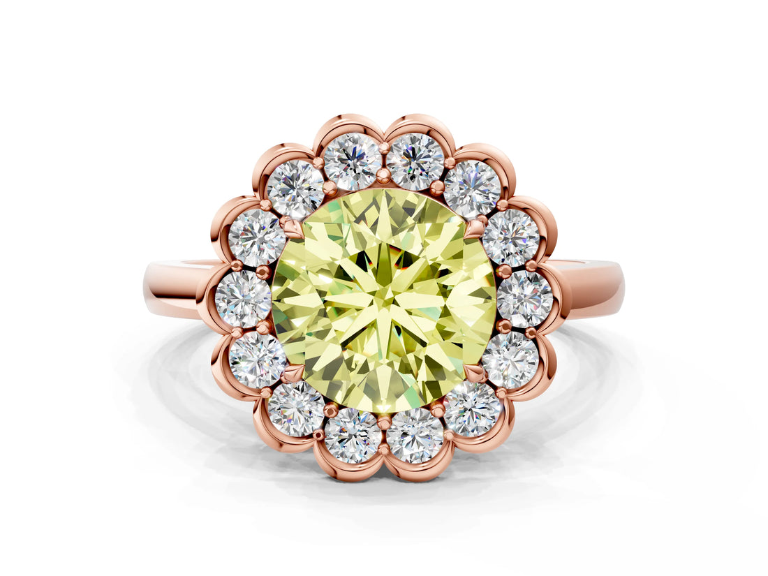 Rose gold Fancy Yellow Round  Halo Cluster Diamond Engagement Ring with Solitaire Band and Prong Setting_29