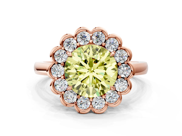 Rose gold Fancy Yellow Round  Halo Cluster Diamond Engagement Ring with Solitaire Band and Prong Setting