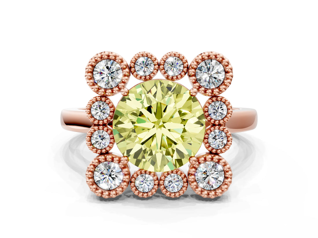 Rose gold Fancy Yellow Round  Halo Diamond Cluster Engagement Ring with Milgrain Bezel Setting and Solitaire Band_63