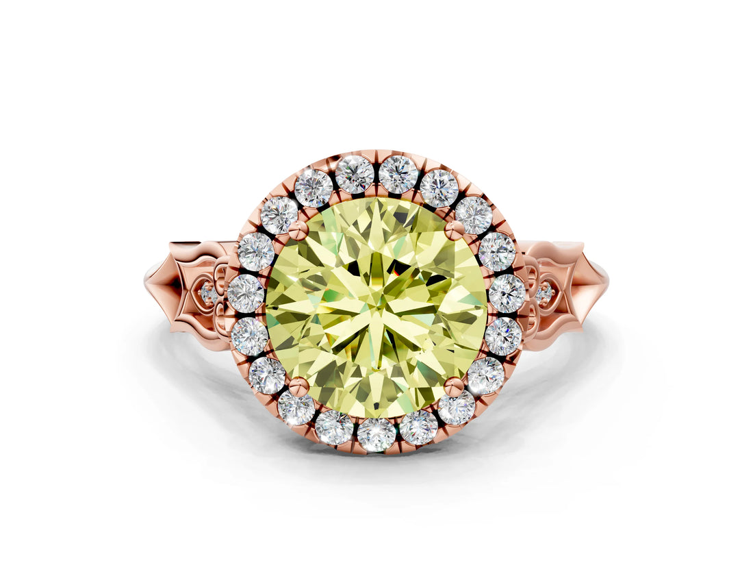 Rose gold Fancy Yellow Round  Halo Diamond Engagement Ring with Filigree Band and Four-Prong Setting_93