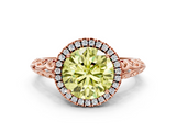 Rose gold Fancy Yellow Round  Halo Diamond Engagement Ring with Intricate Filigree Band and Four-Prong Setting