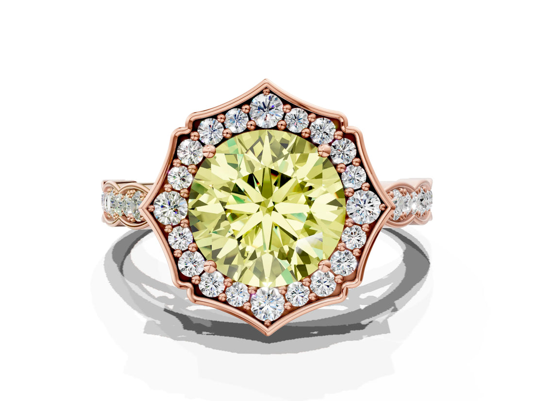 Rose gold Fancy Yellow Round  Halo Diamond Engagement Ring with Milgrain Band and Four-Prong Setting_18