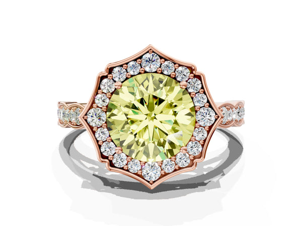Rose gold Fancy Yellow Round  Halo Diamond Engagement Ring with Milgrain Band and Four-Prong Setting