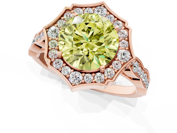 Rose gold Fancy Yellow Round  Halo Diamond Engagement Ring with Milgrain Band and Four-Prong Setting