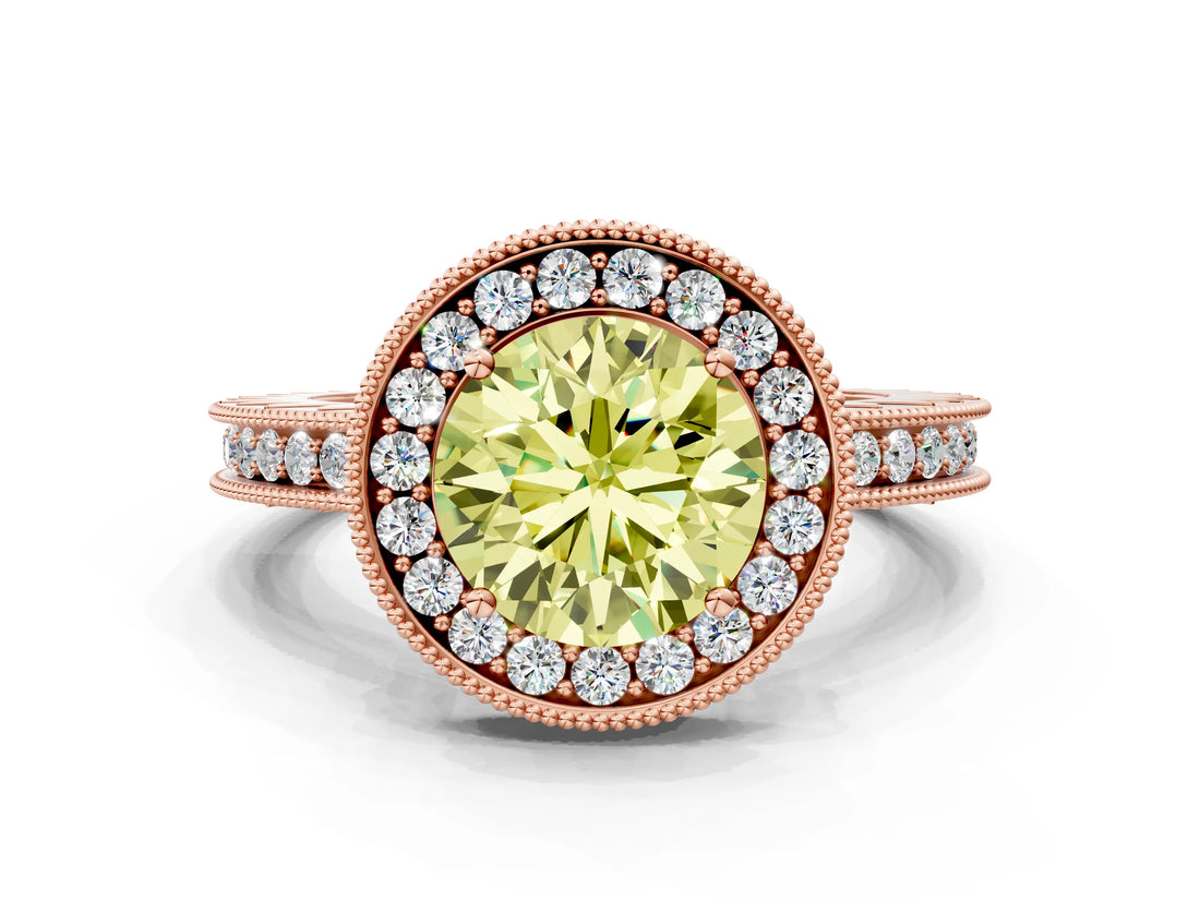 Rose gold Fancy Yellow Round  Halo Diamond Engagement Ring with Milgrain Pave Band and Four-Prong Setting_111