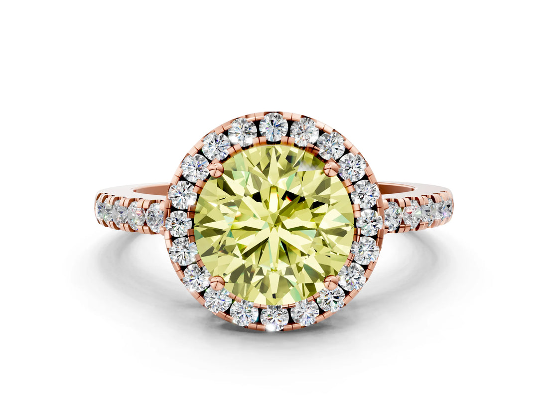 Rose gold Fancy Yellow Round  Halo Diamond Engagement Ring with Pavé Band and Four-Prong Setting_141