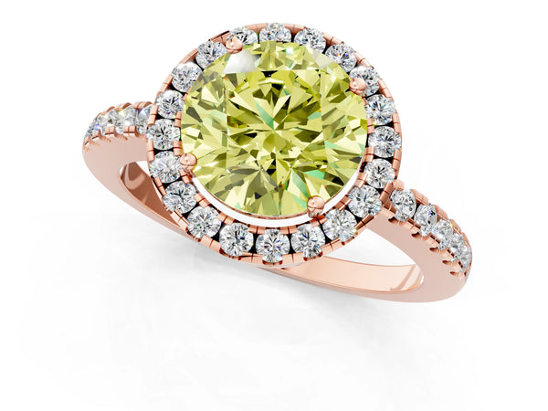Rose gold Fancy Yellow Round  Halo Diamond Engagement Ring with Pavé Band and Four-Prong Setting