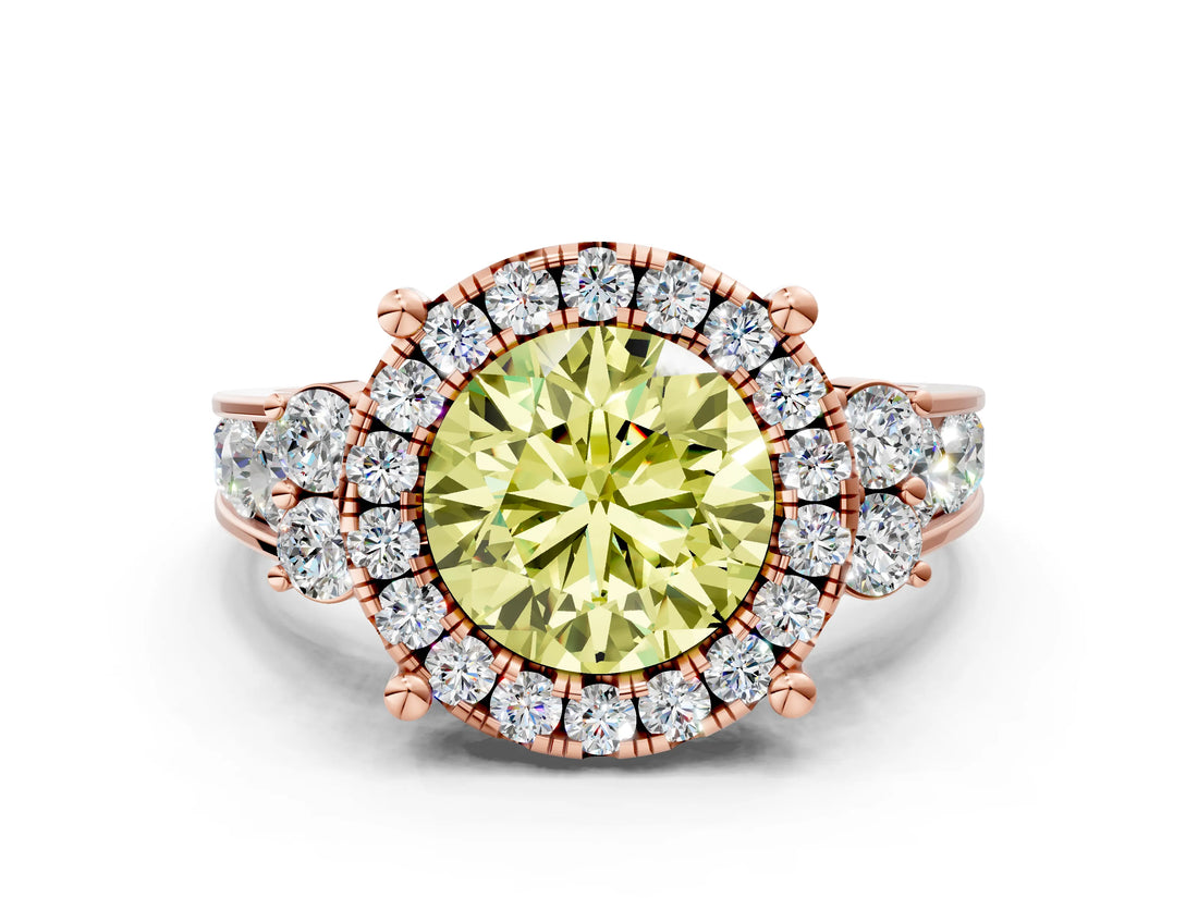 Rose gold Fancy Yellow Round  Halo Diamond Engagement Ring with Split Shank and Four-Prong Setting
