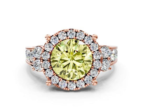 Rose gold Fancy Yellow Round  Halo Diamond Engagement Ring with Split Shank and Four-Prong Setting