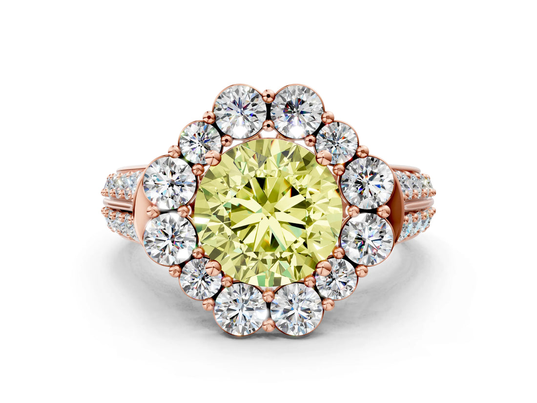 Rose gold Fancy Yellow Round  Halo Diamond Engagement Ring with Split Shank and Prong Setting_30