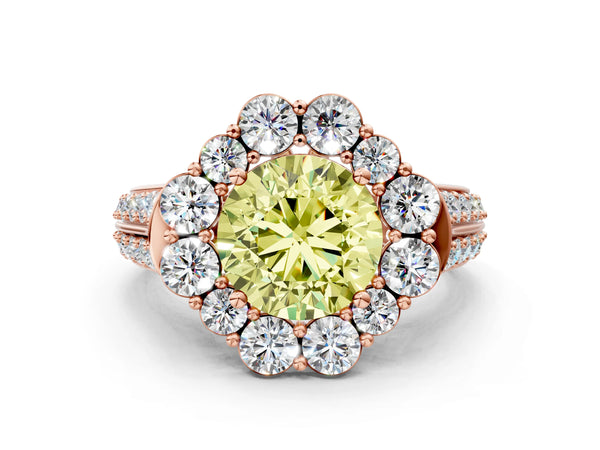 Rose gold Fancy Yellow Round  Halo Diamond Engagement Ring with Split Shank and Prong Setting