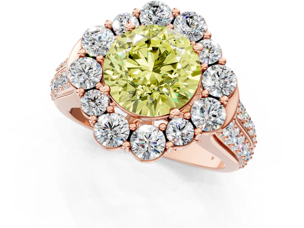 Rose gold Fancy Yellow Round  Halo Diamond Engagement Ring with Split Shank and Prong Setting