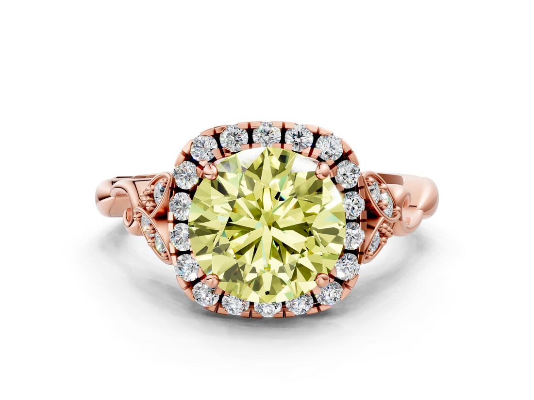 Rose gold Fancy Yellow Round  Halo Diamond Engagement Ring with Vintage-Inspired Band and Four-Prong Setting_3