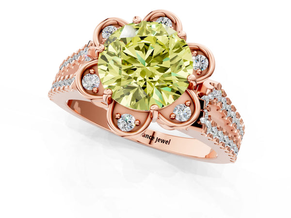 Rose gold Fancy Yellow Round  Halo Diamond Floral Split Shank Engagement Ring