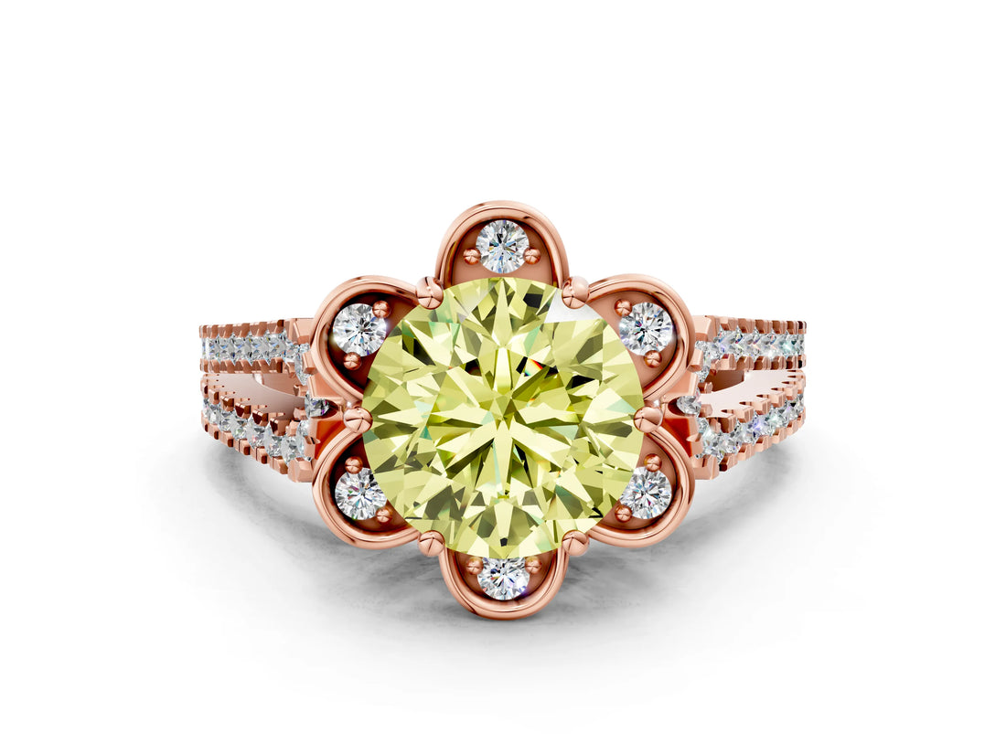 Rose gold Fancy Yellow Round  Halo Diamond Floral Split Shank Engagement Ring