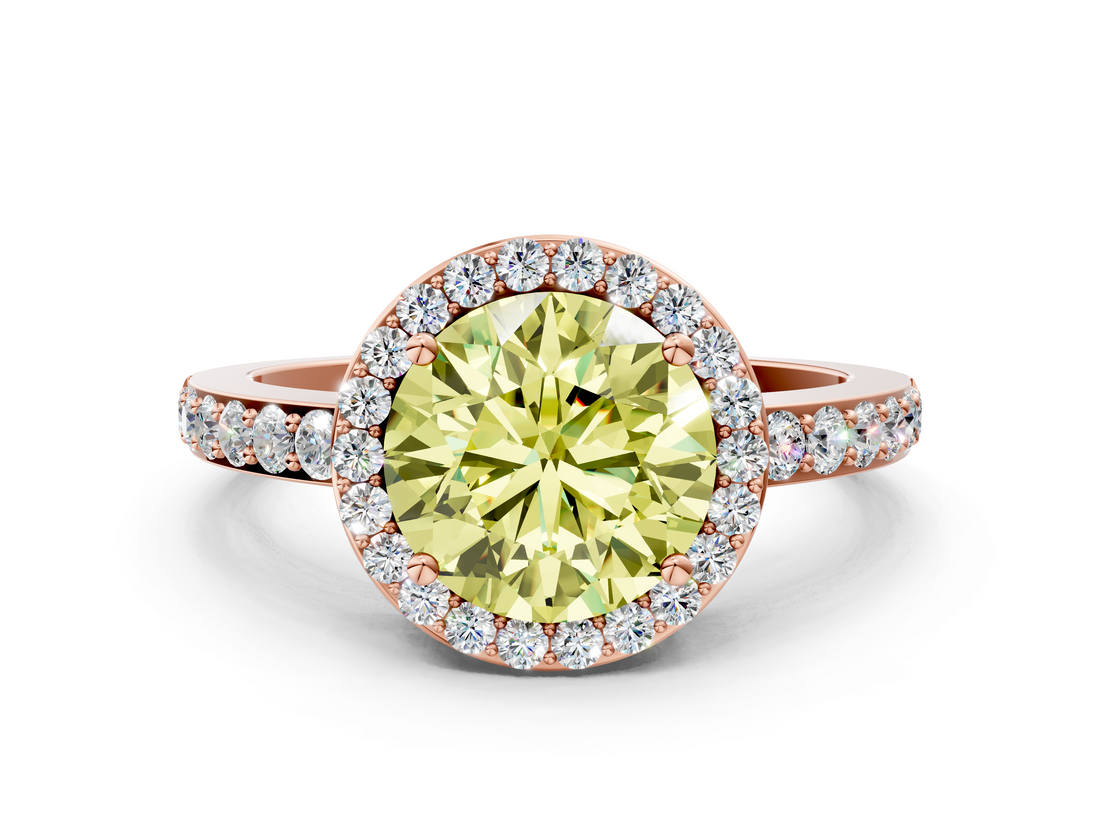 Rose gold Fancy Yellow Round  Halo Diamond Pavé Band Ring with Prong Setting