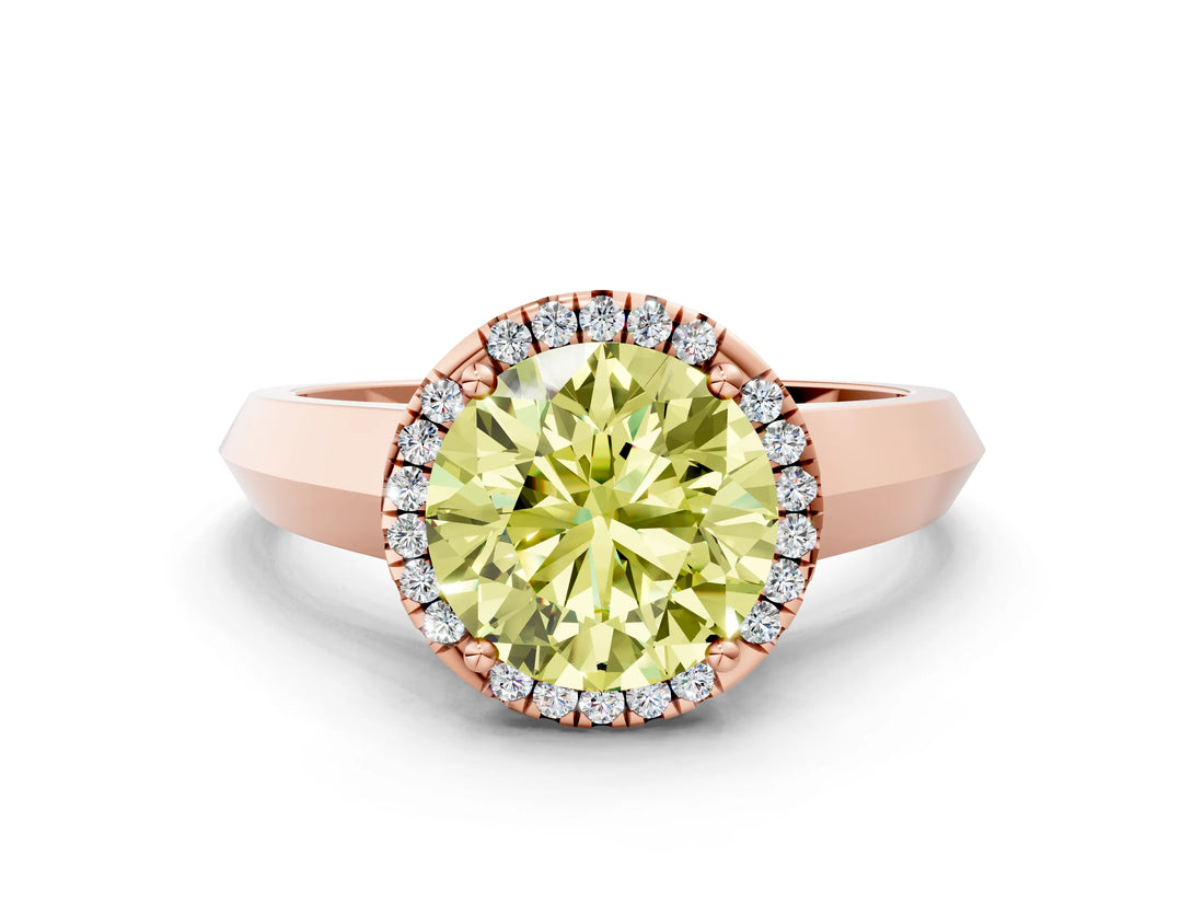 Rose gold Fancy Yellow Round  Halo Diamond Ring with Cathedral Band and Four-Prong Setting_29