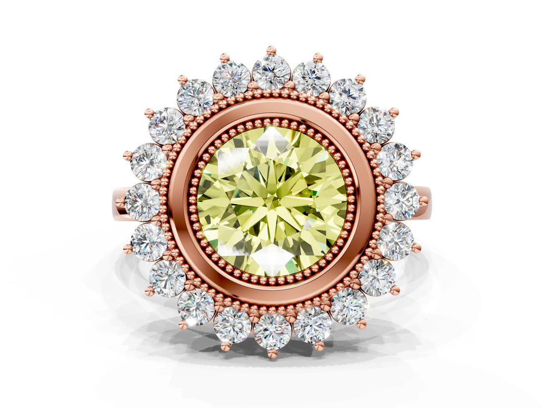 Rose gold Fancy Yellow Round  Halo Diamond Ring with Milgrain Edge and Round Prong Setting_24