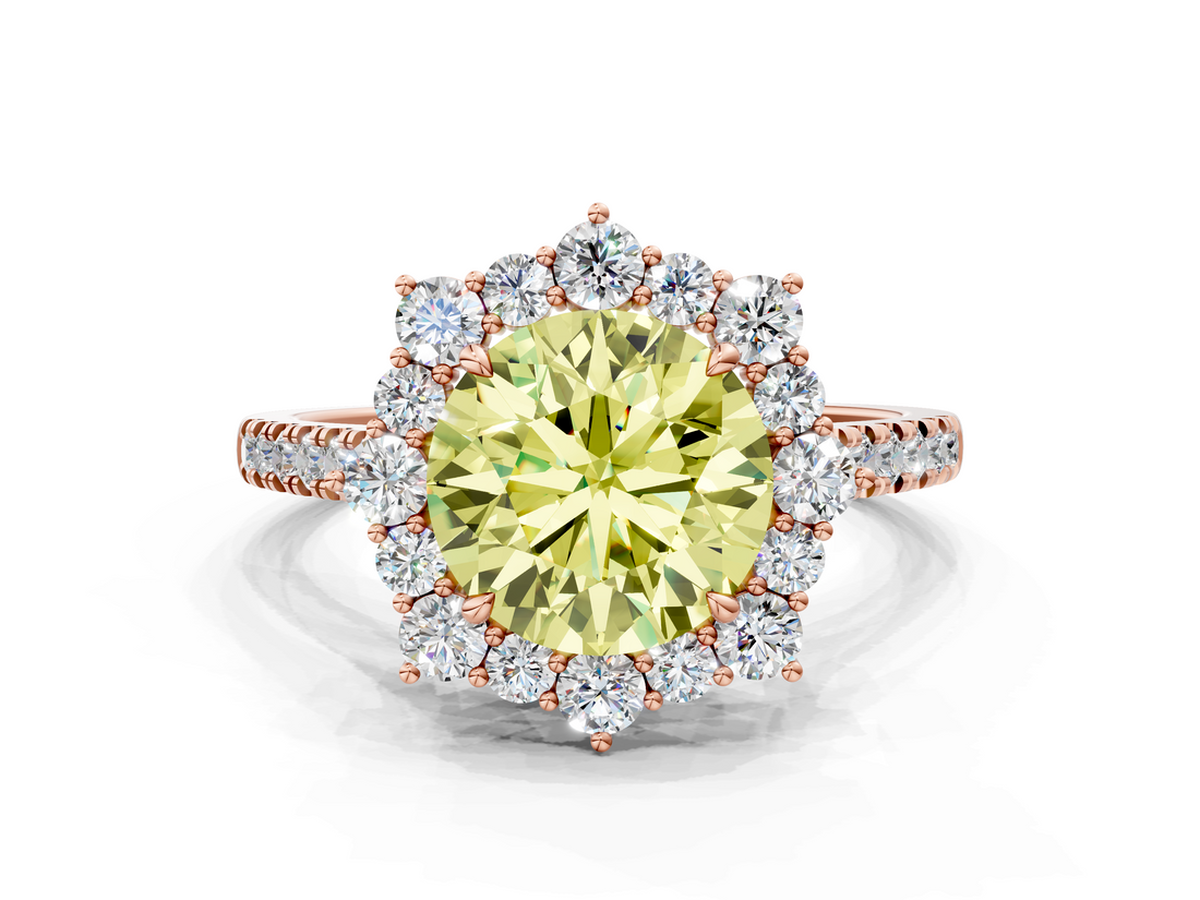 Rose gold Fancy Yellow Round  Halo Diamond Ring with Pavé Band and Prong Setting