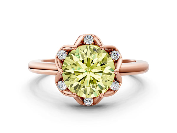 Rose gold Fancy Yellow Round  Halo Diamond Ring with Round Cluster Setting, Solitaire Band, and Four-Prong Setting