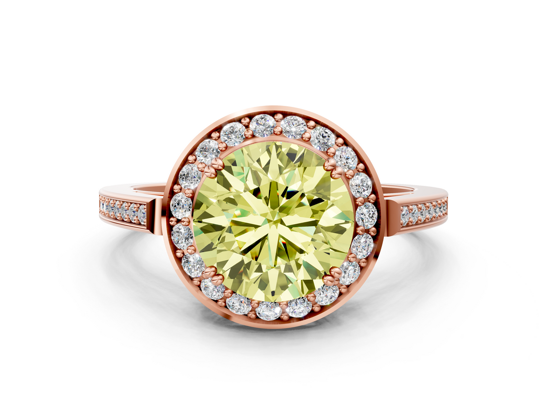 Rose gold Fancy Yellow Round  Halo Diamond Ring with Split Shank and Four-Prong Setting