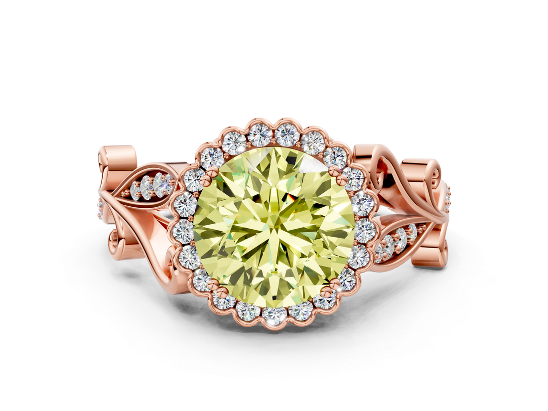 Rose gold Fancy Yellow Round  Halo Diamond Ring with Vintage Split Shank and Four-Prong Setting