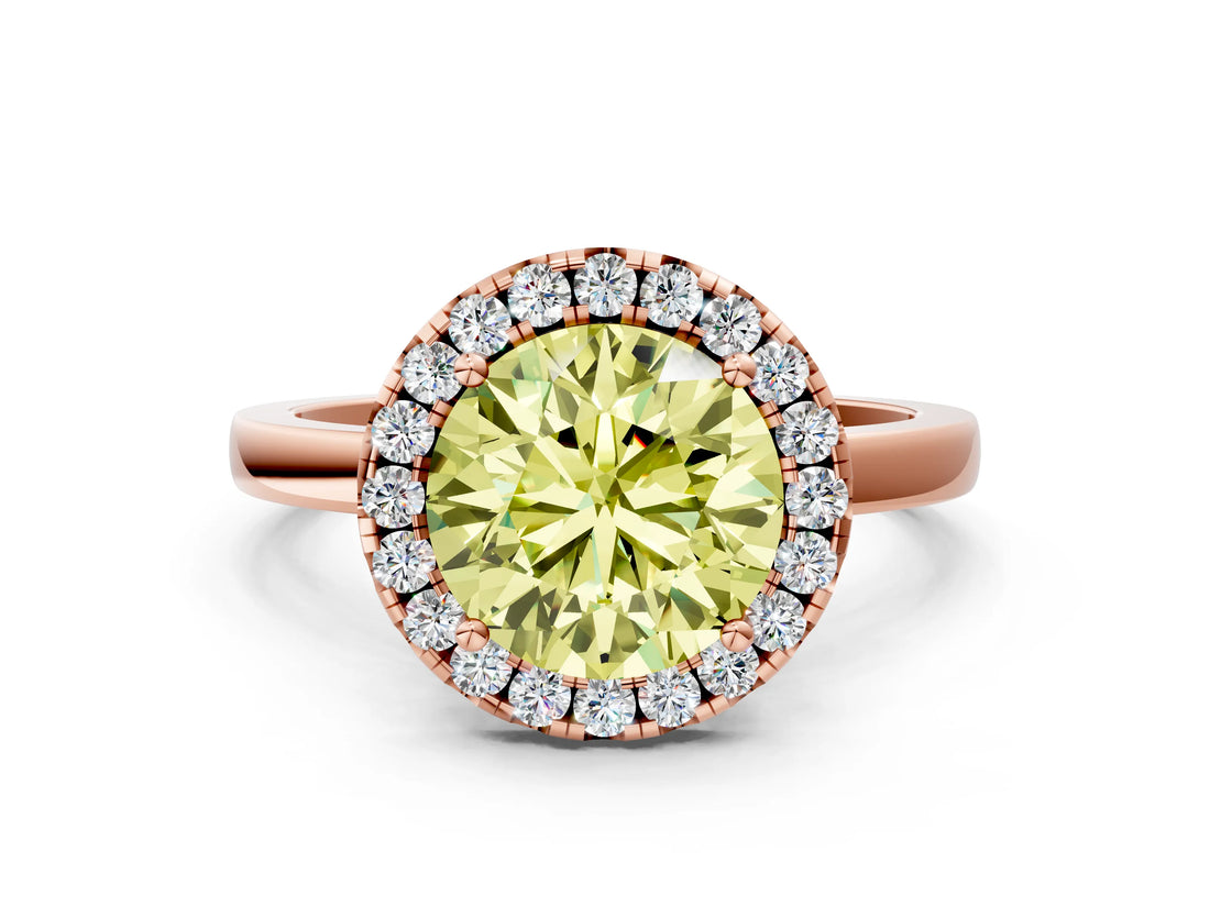 Rose gold Fancy Yellow Round  Halo Diamond Solitaire with Pavé Band and Four-Prong Setting_17