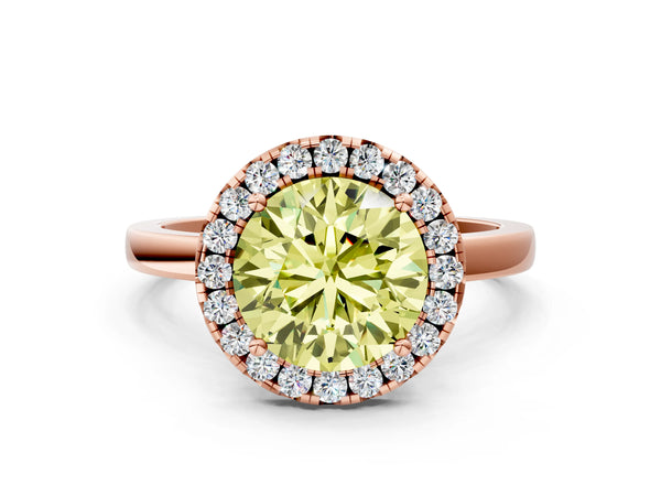 Rose gold Fancy Yellow Round  Halo Diamond Solitaire with Pavé Band and Four-Prong Setting