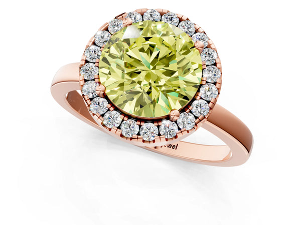 Rose gold Fancy Yellow Round  Halo Diamond Solitaire with Pavé Band and Four-Prong Setting
