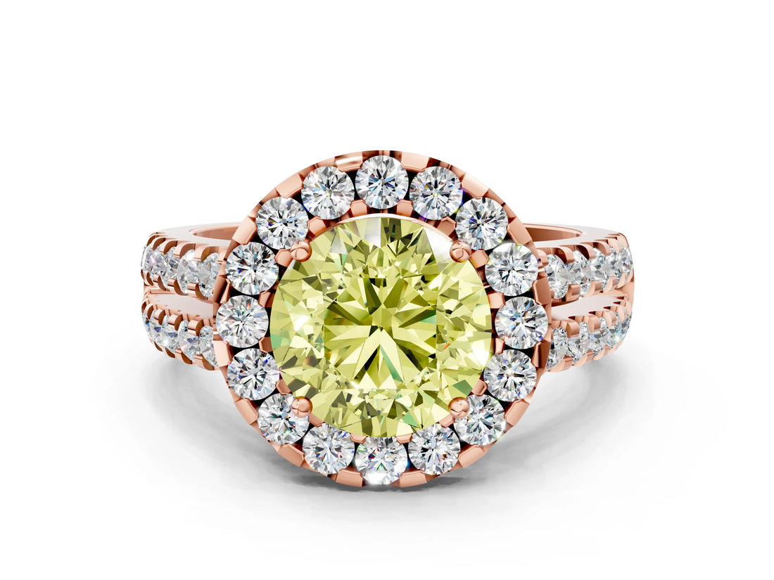 Rose gold Fancy Yellow Round  Halo Diamond Split Shank Engagement Ring with Prong Setting_99
