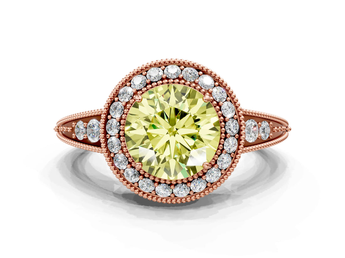 Rose gold Fancy Yellow Round  Halo Diamond Split Shank Ring with Milgrain Detail_29