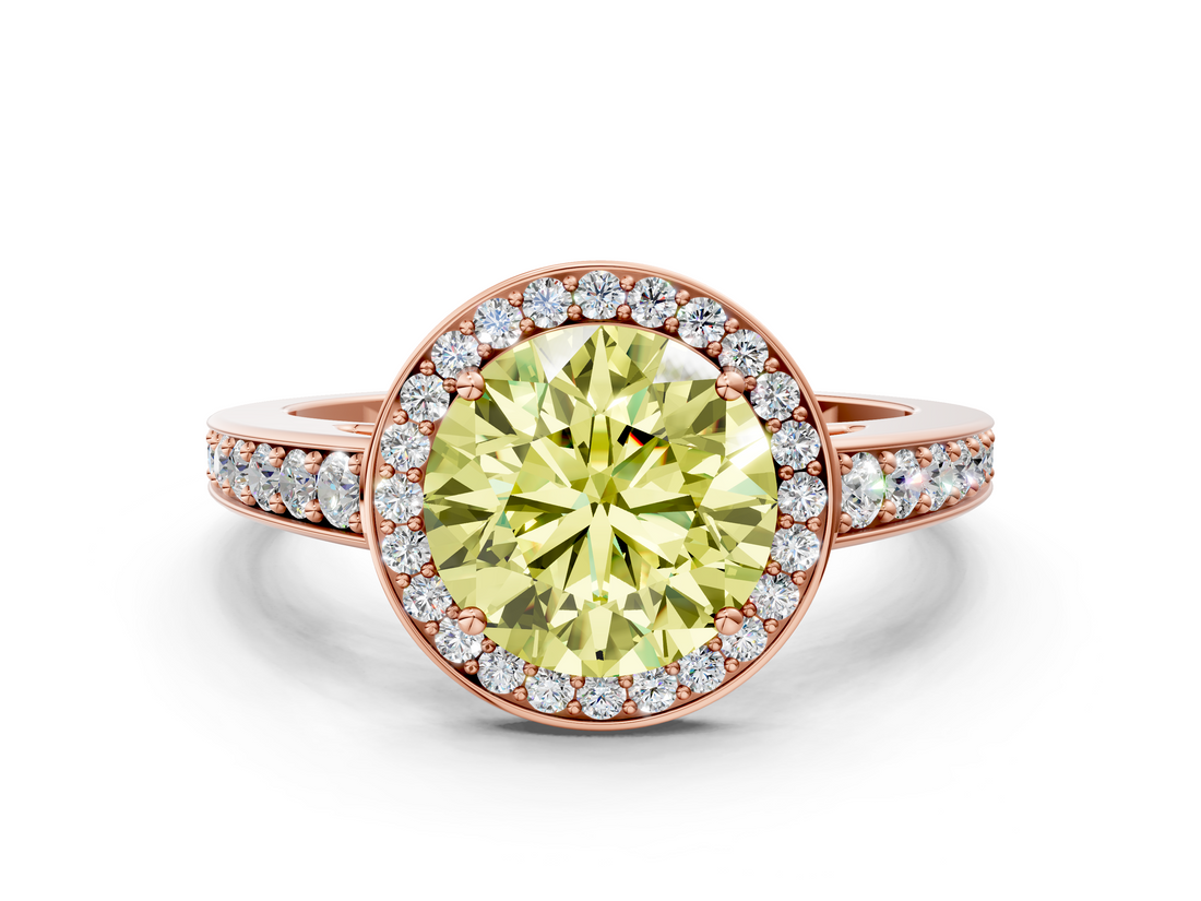 Rose gold Fancy Yellow Round  Halo Pavé Diamond Engagement Ring with Bezel Setting
