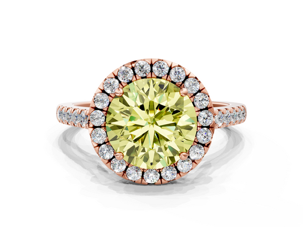 Rose gold Fancy Yellow Round  Halo Pavé Diamond Engagement Ring with Four-Prong Setting