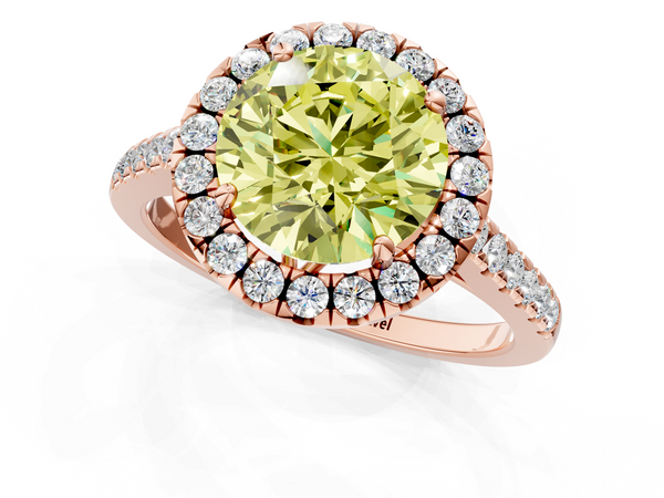 Rose gold Fancy Yellow Round  Halo Pavé Diamond Engagement Ring with Four-Prong Setting