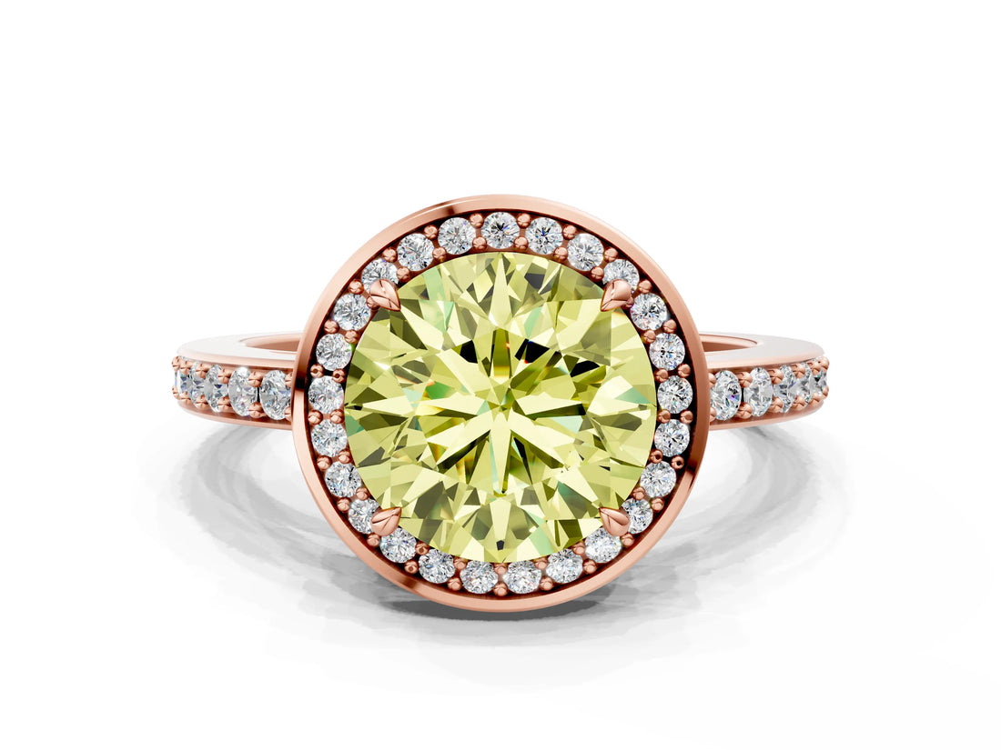Rose gold Fancy Yellow Round  Halo Pave Band Solitaire Ring with Prong Setting_29