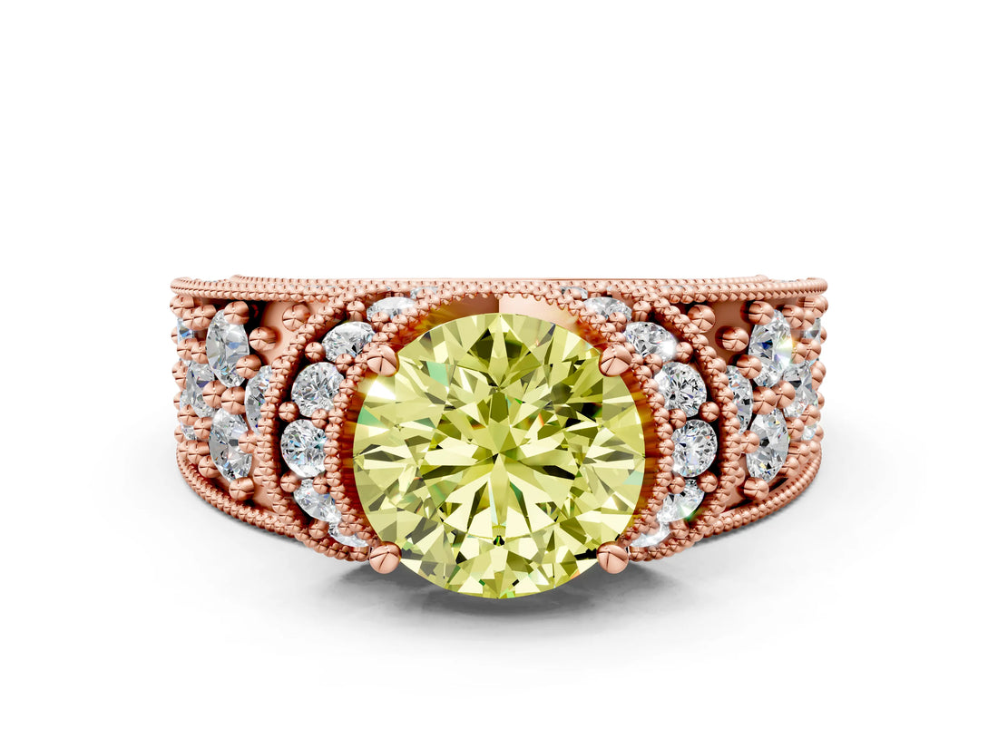 Rose gold Fancy Yellow Round  Halo Pave Diamond Engagement Ring with Milgrain Detailing_47