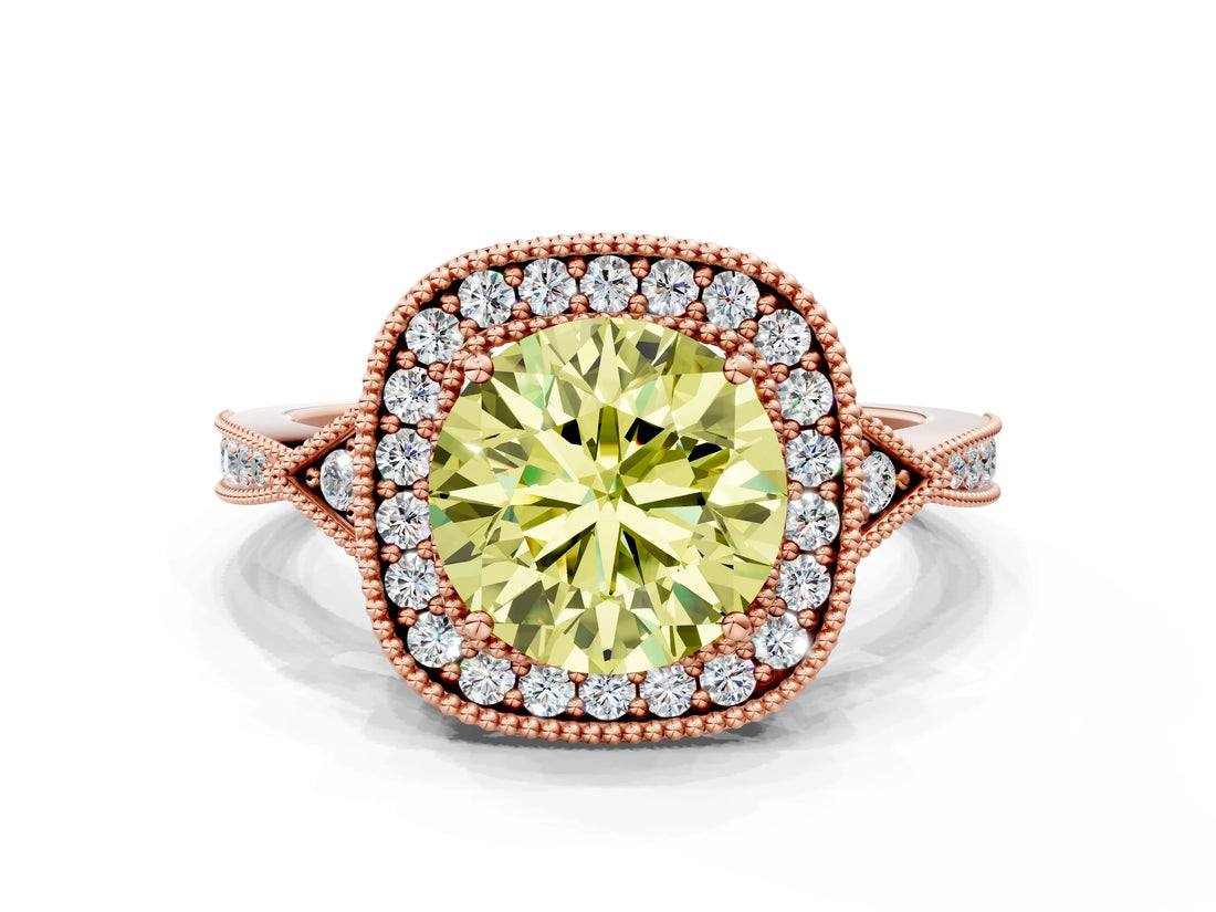 Rose gold Fancy Yellow Round  Halo Round Diamond Milgrain Pave Engagement Ring_3