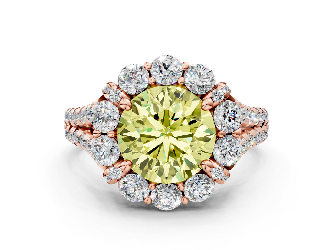Rose gold Fancy Yellow Round  Halo Split Shank Diamond Engagement Ring with Pave Band and Four-Prong Setting