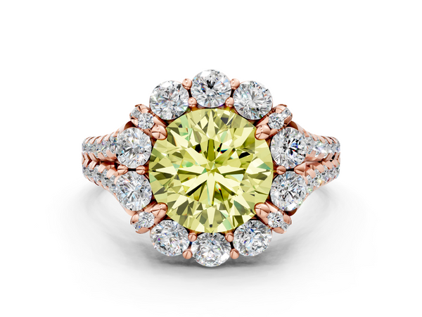 Rose gold Fancy Yellow Round  Halo Split Shank Diamond Engagement Ring with Pave Band and Four-Prong Setting