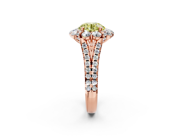 Rose gold Fancy Yellow Round  Halo Split Shank Diamond Engagement Ring with Pave Band and Four-Prong Setting